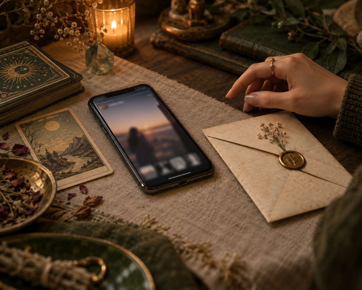 A phone, Tarot cards and a handwritten note in a warm reflective setting