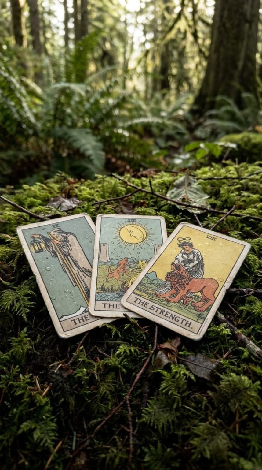 Tarot cards on rain-dappled moss in a lush green forest